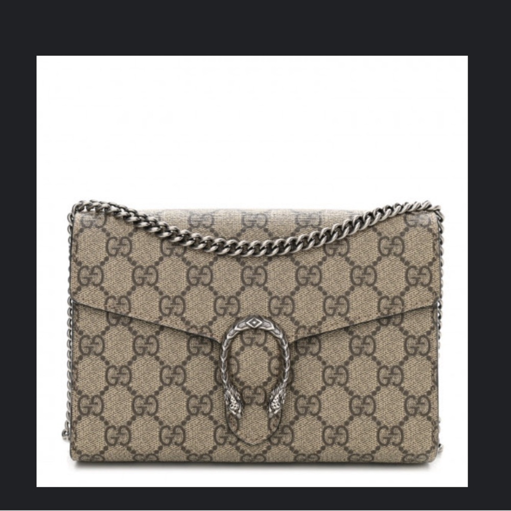 Gucci Beige GG Supreme Clutch with Silver Chain